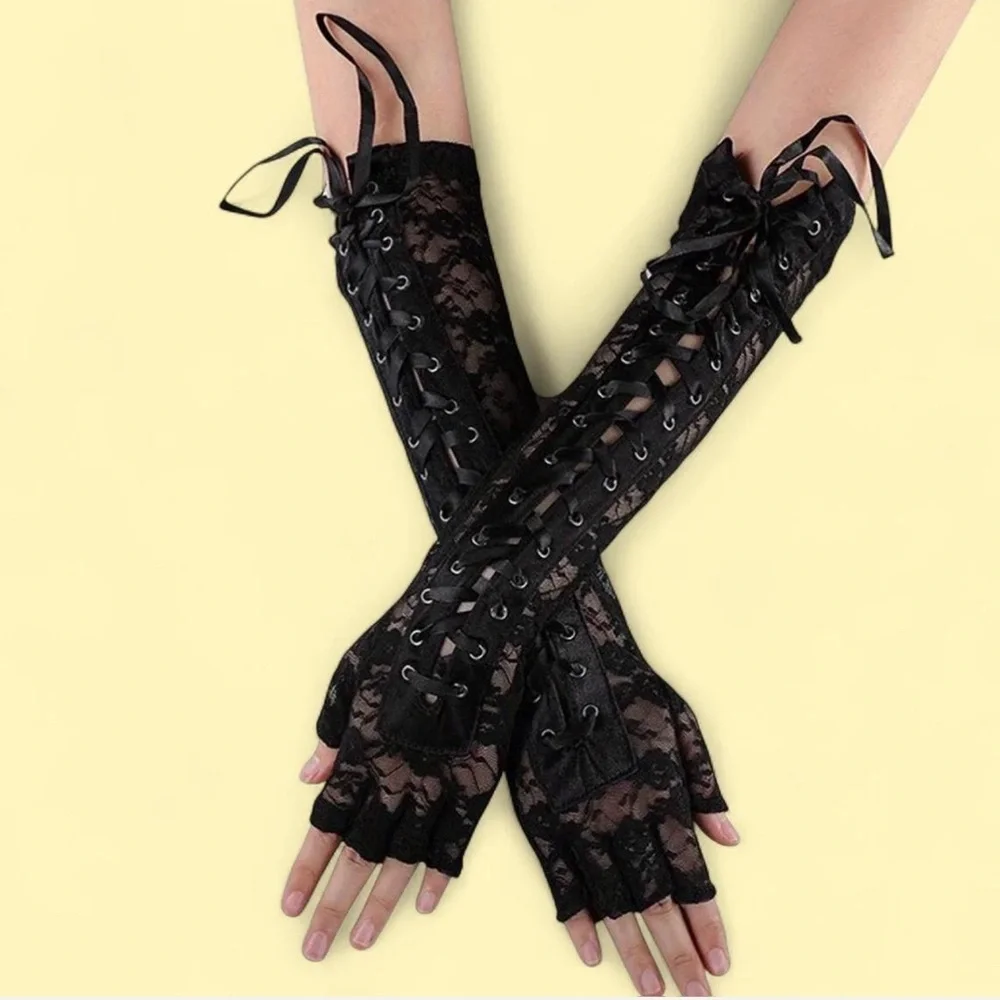 Elegant Black Lace Fingerless Gloves with Floral Pattern